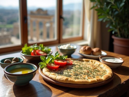 Traditional Lebanese breakfast spread with manakish, za'atar, olive oil, and fresh vegetables with Baalbek ruins visible in background