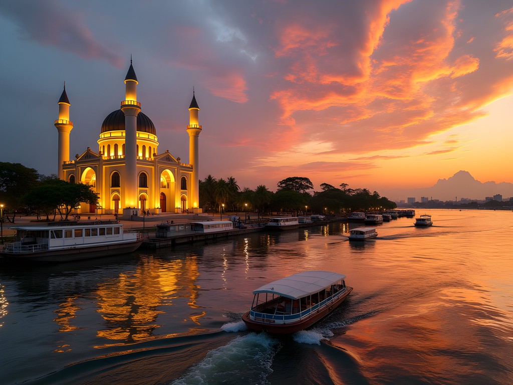 Sunset view of Omar Ali Saifuddien Mosque and Kampong Ayer from Yayasan waterfront