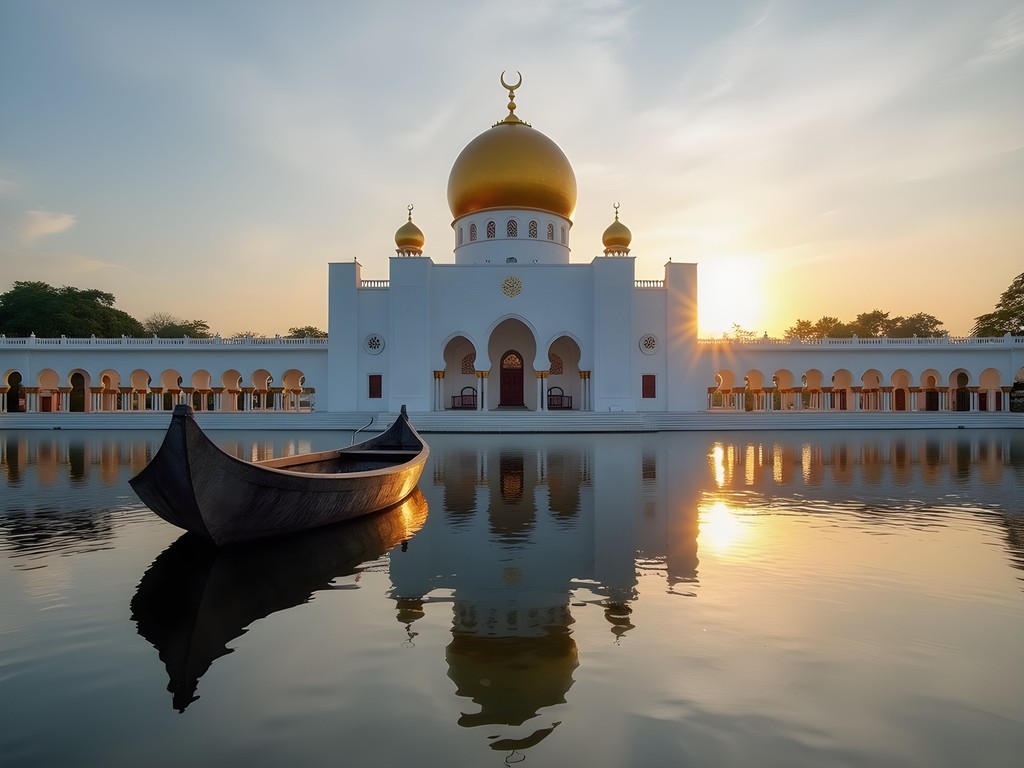 Omar Ali Saifuddien Mosque at sunrise with golden dome reflecting in lagoon