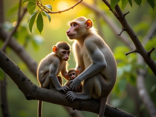 Family of proboscis monkeys in mangrove trees during river safari in Brunei