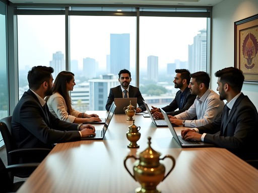 Business professionals in a modern Bangalore office with traditional Indian elements