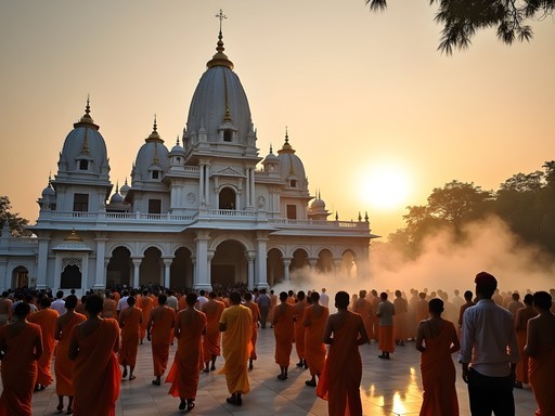 Morning light illuminating the ornate architecture of ISKCON Temple in Bangalore