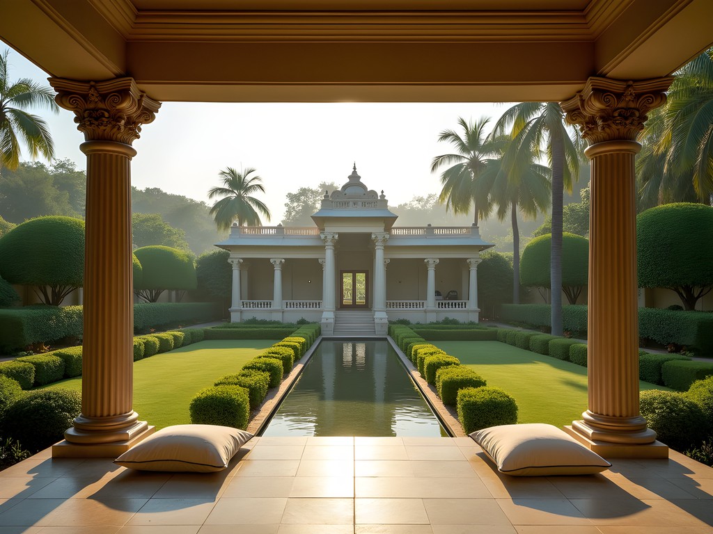 Tranquil gardens of The Leela Palace Bangalore at sunrise with meditation space