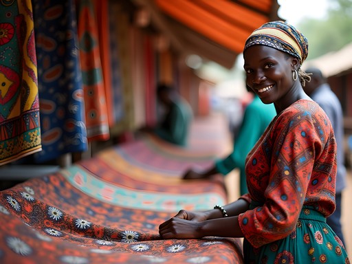 Colorful textile display at Bangui Central Market with local vendors