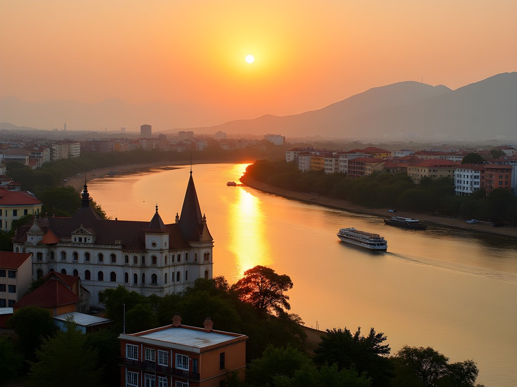 Panoramic view of Bangui along the Ubangi River with colonial buildings and modern structures