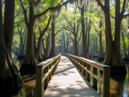 Wooden boardwalk through cypress trees at Bluebonnet Swamp Nature Center in spring