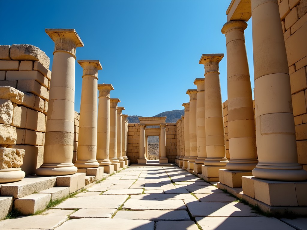 Ancient Roman ruins at Baalbek, Lebanon showing massive stone columns against blue sky