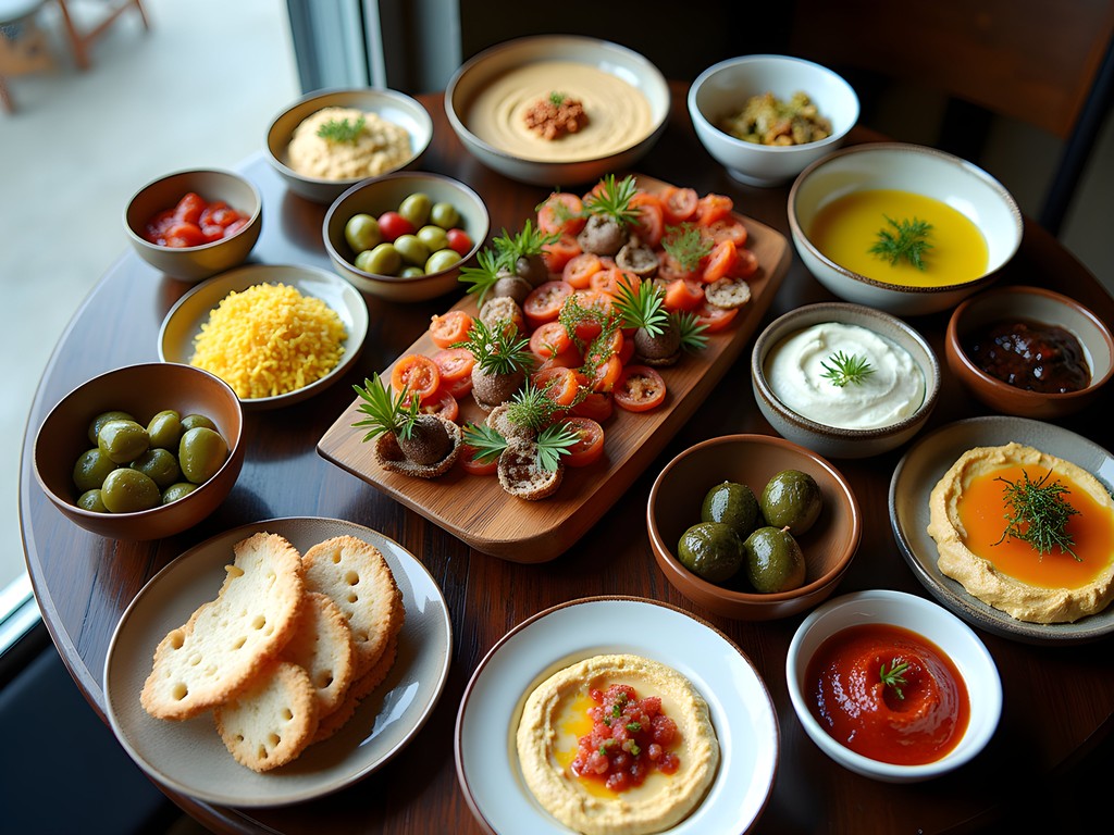 Traditional Lebanese mezze spread with various dishes on a restaurant table in Beirut