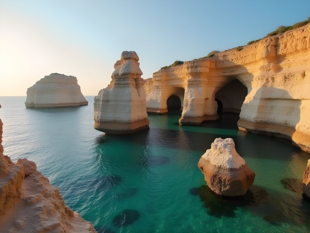 Pigeon Rocks natural formations in Beirut at morning light with Mediterranean Sea