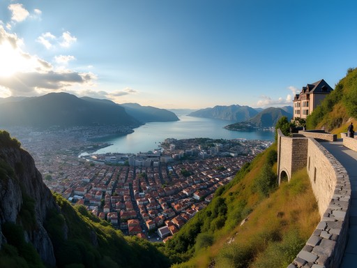 Panoramic view of Bergen city and surrounding fjords from Mount Fløyen viewpoint
