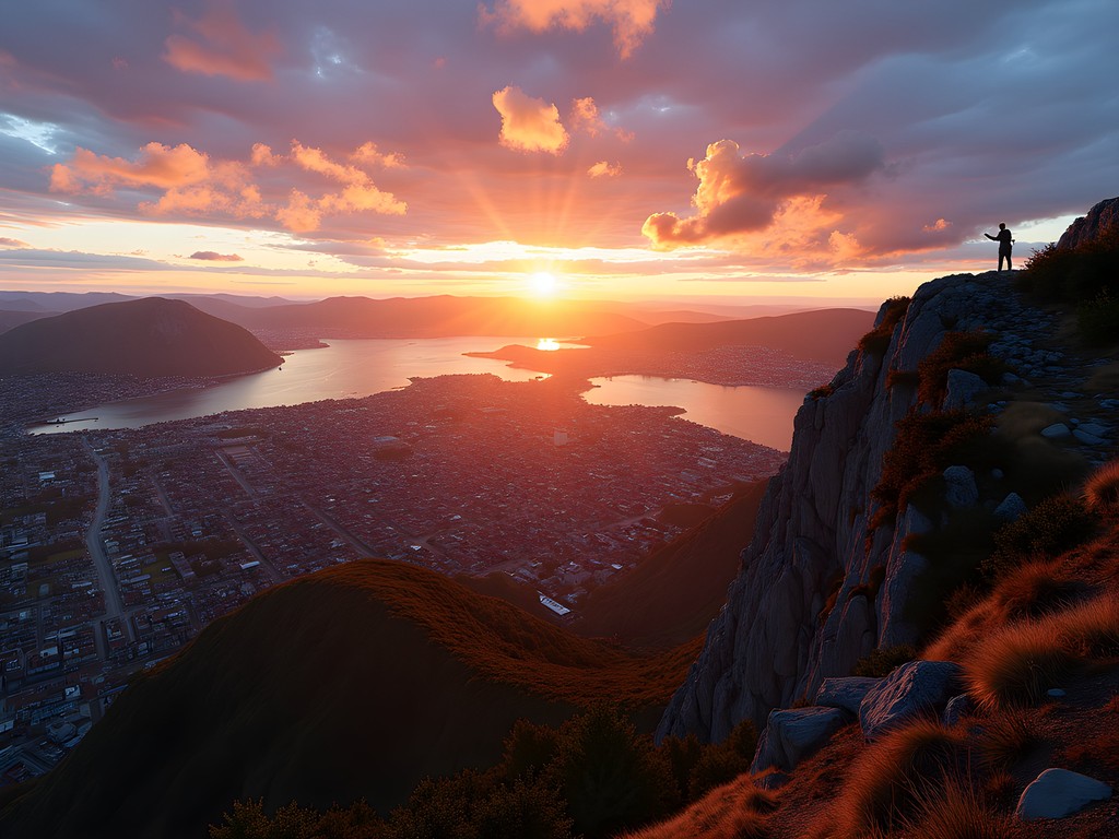 Golden sunset view over Bergen city and surrounding fjords from Mount Ulriken