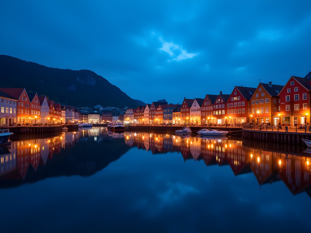 Bryggen historic district illuminated at evening with lights reflecting in harbor water
