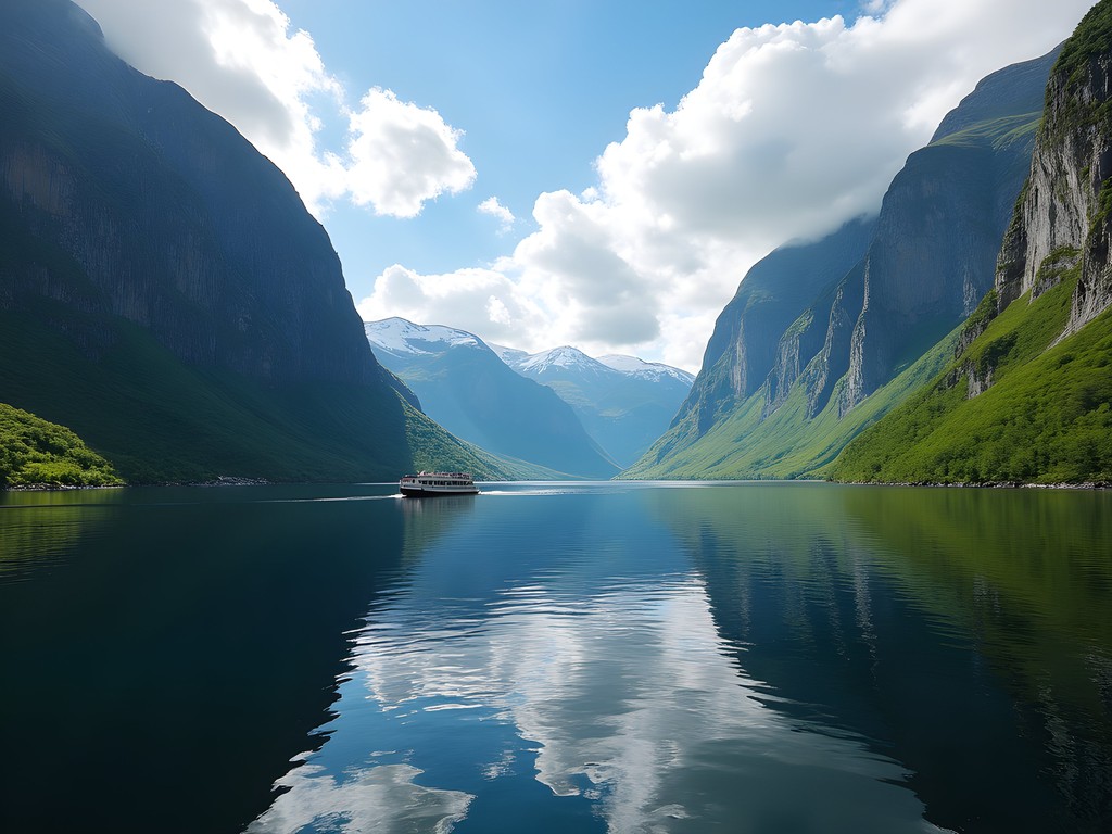 Dramatic steep mountains of Nærøyfjord with perfect reflections in still water
