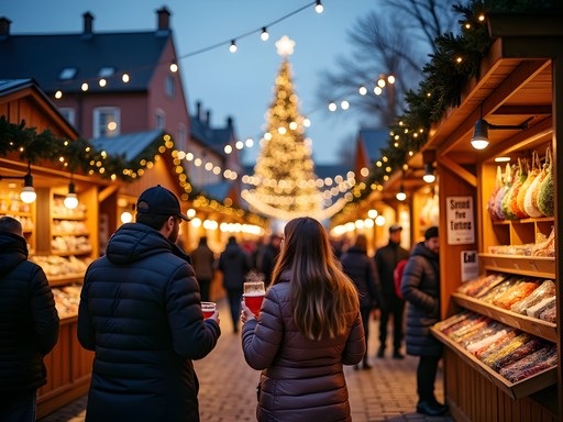 Christkindlmarkt in Bethlehem with wooden stalls and holiday lights at dusk
