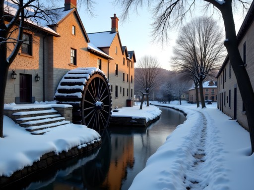 Colonial Industrial Quarter in Bethlehem with historic stone buildings and light snow