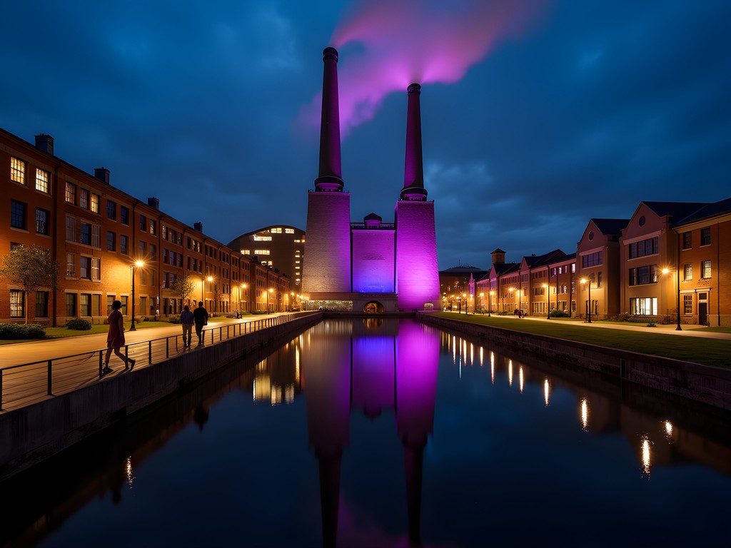 Illuminated blast furnaces of Bethlehem Steel at night with colorful lighting