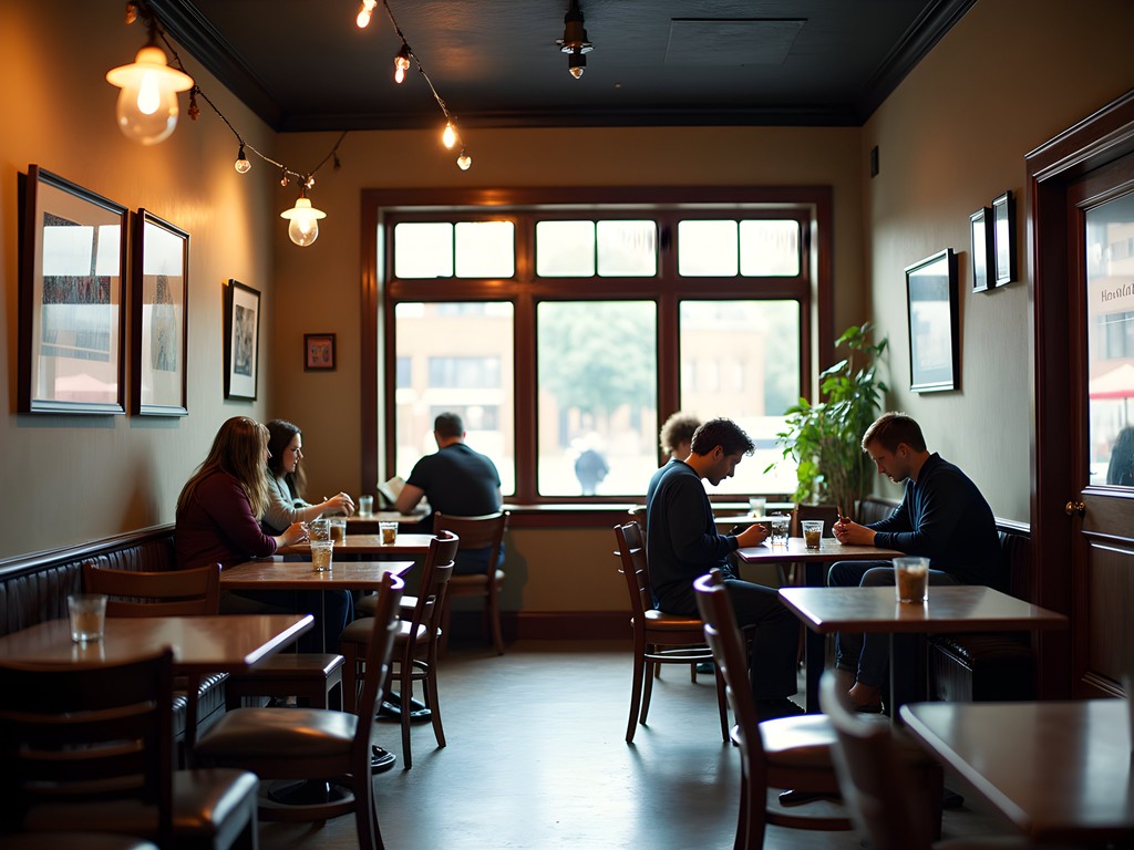 Cozy interior of Inkwell Café in Bloomington with students studying among vintage furniture and local artwork