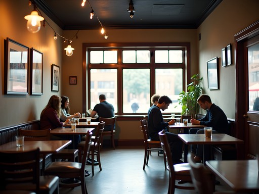 Cozy interior of Inkwell Café in Bloomington with students studying among vintage furniture and local artwork