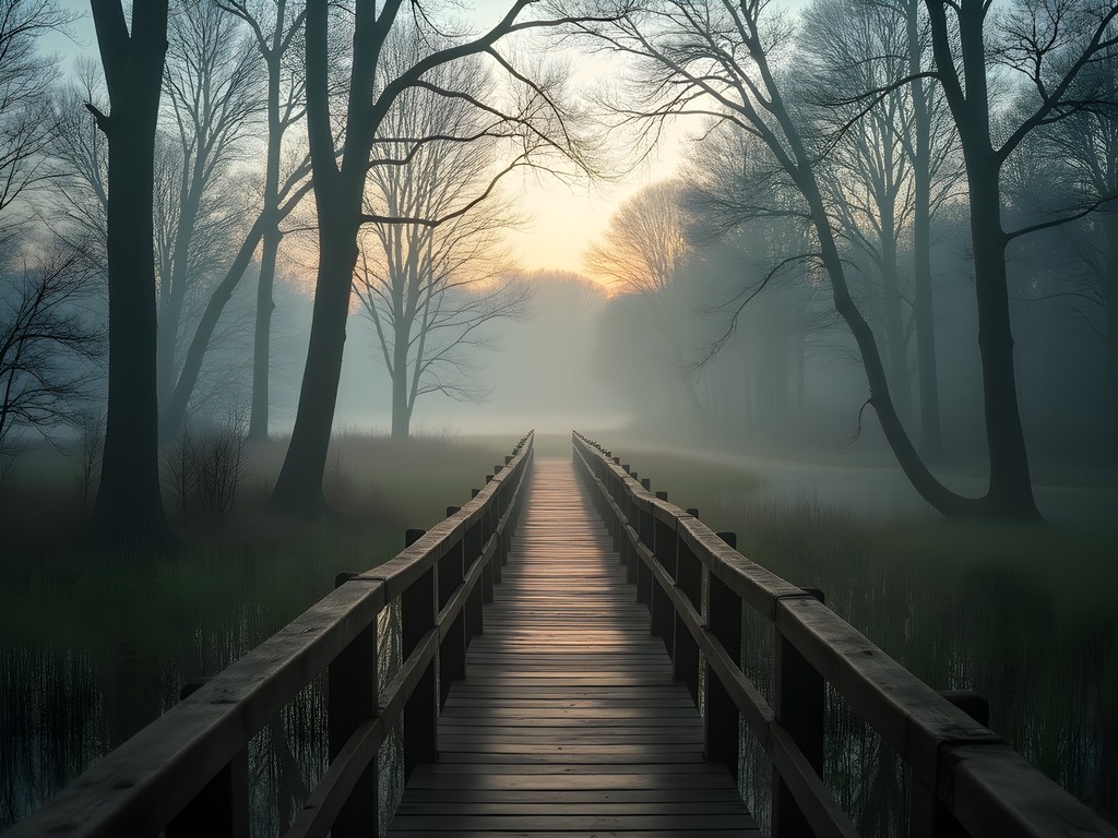 Wooden boardwalk through misty wetlands at Beanblossom Bottoms Nature Preserve near Bloomington