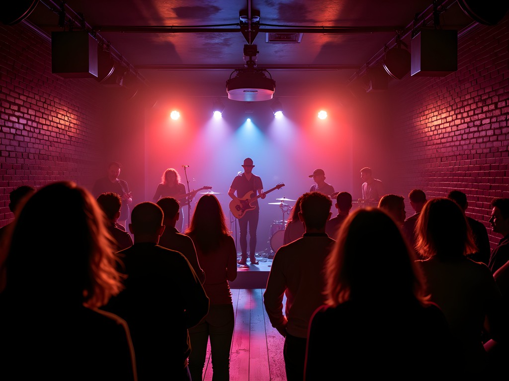 Atmospheric brick-walled interior of The Bishop Bar during a live music performance in Bloomington