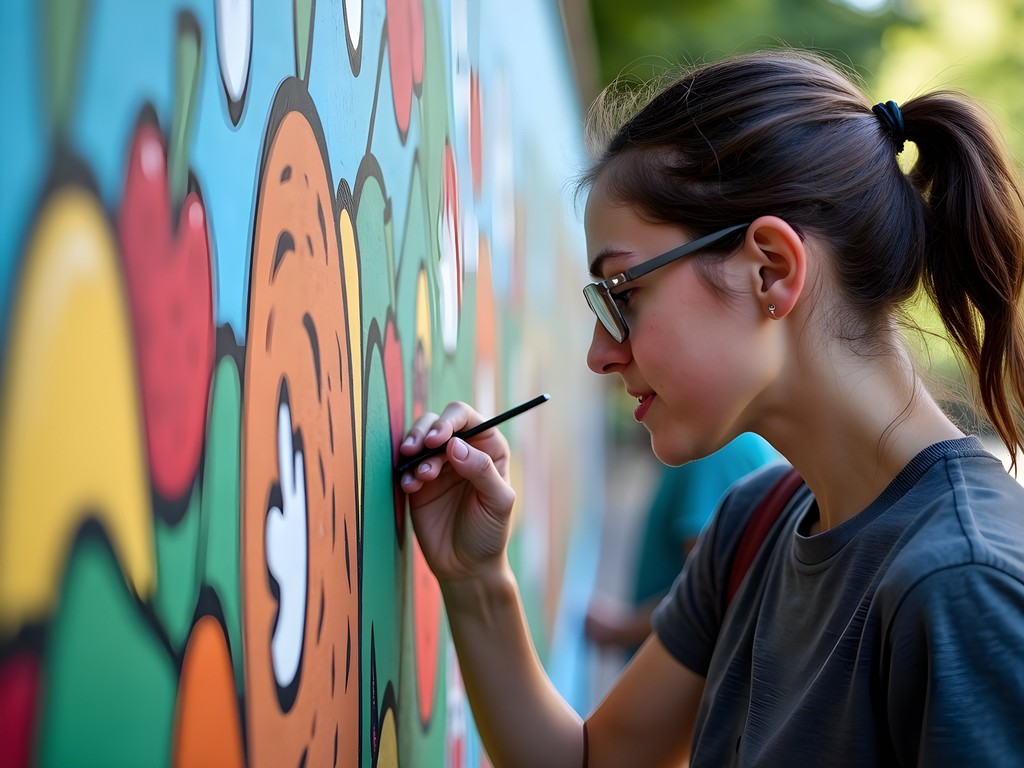 Colorful food-themed mural 'Bloomington Banquet' along the B-Line Trail with student examining the details