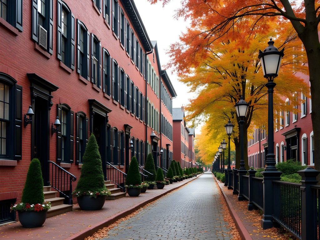 Historic Beacon Hill neighborhood in Boston with red brick buildings, gas lamps, and fall foliage