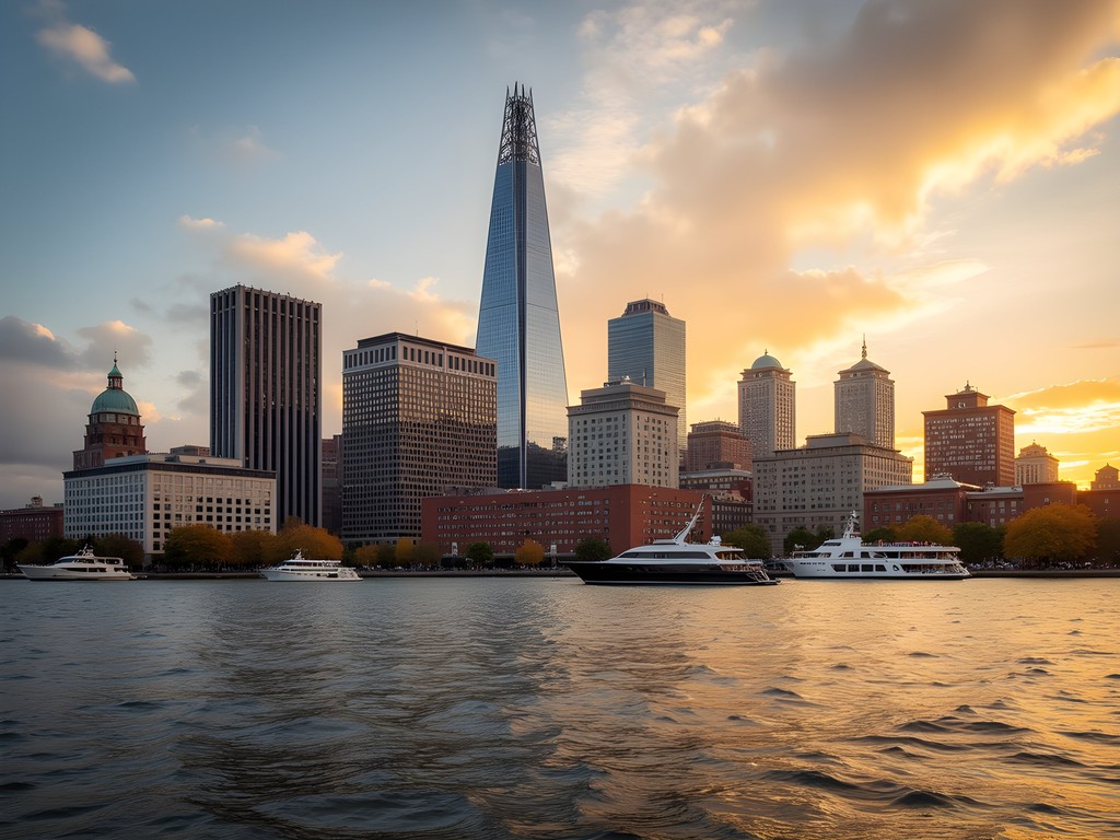 Boston skyline and harbor at sunset with boats and golden light reflecting on buildings