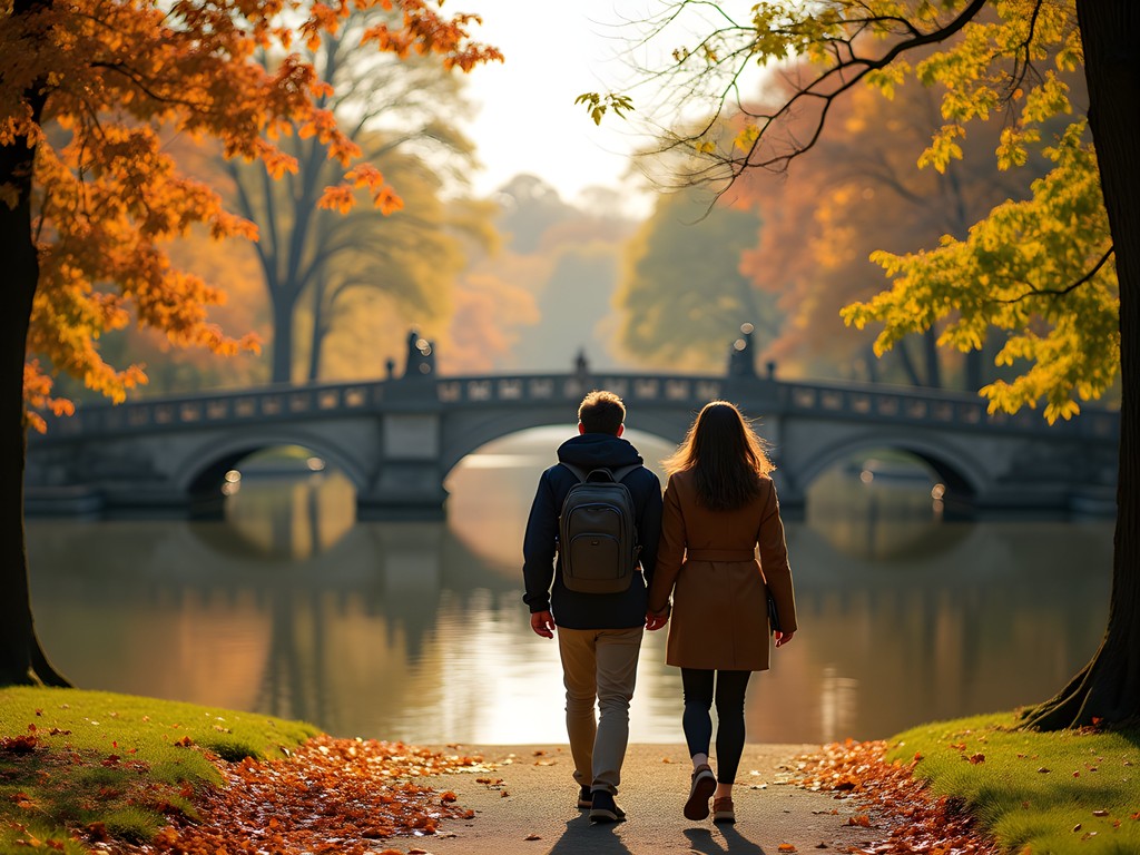 Couple walking through Boston Public Garden in fall with colorful foliage and historic bridge