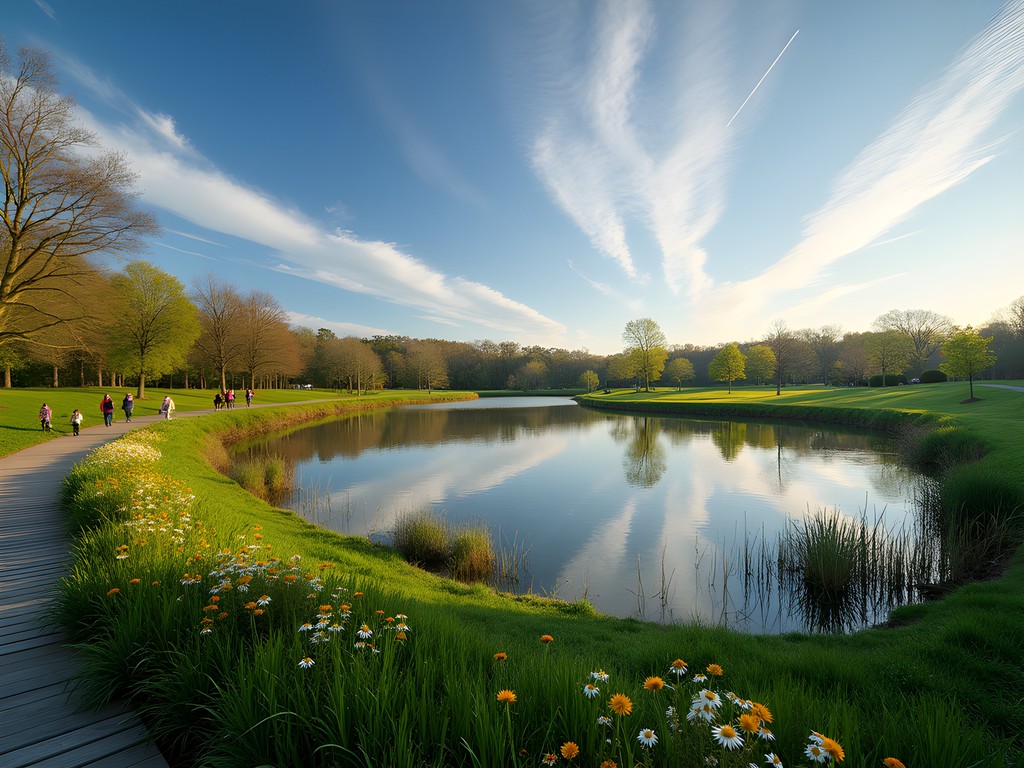 Allen Pond Park wetlands with spring wildflowers and walking trail in Bowie Maryland