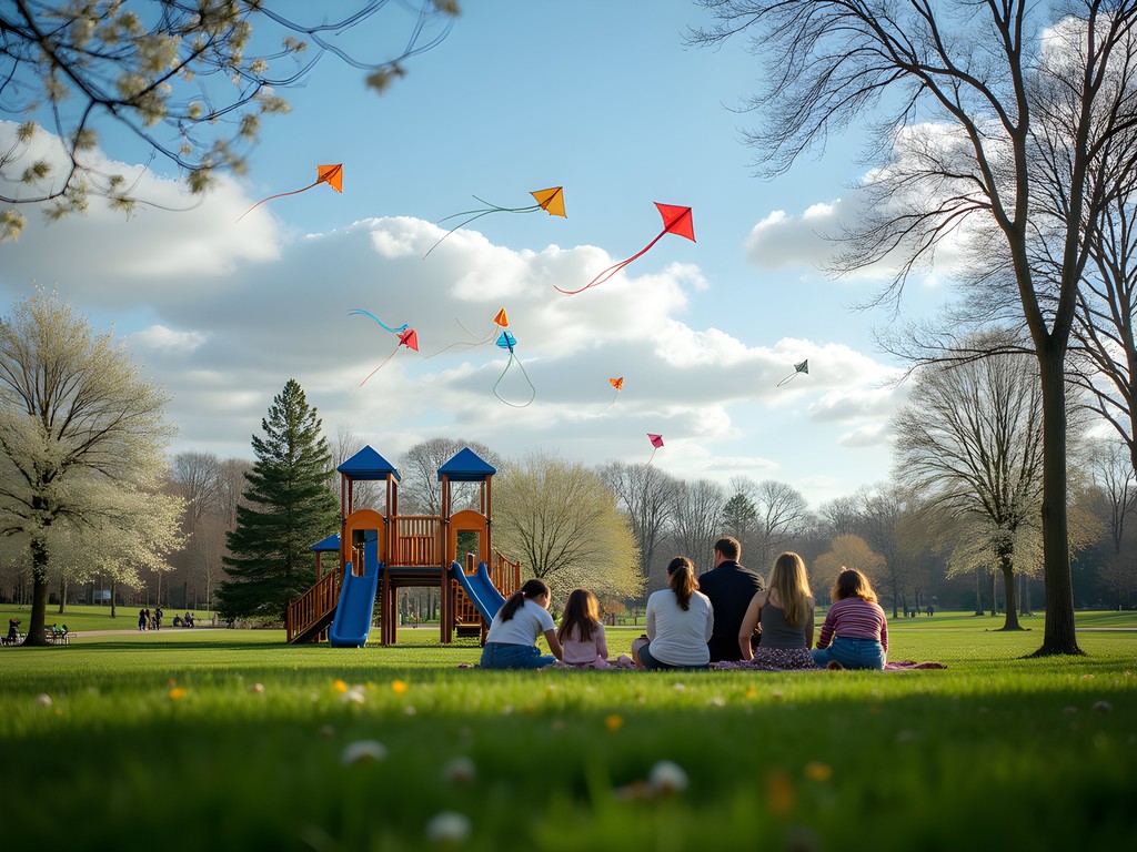 Families enjoying spring activities at Bowie Maryland community park with playground and picnic areas