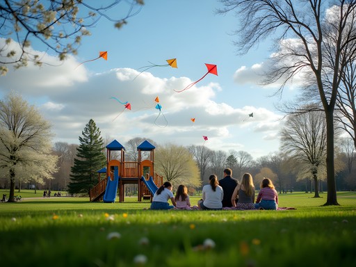 Families enjoying spring activities at Bowie Maryland community park with playground and picnic areas