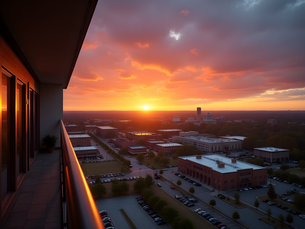 Hotel view of Bowling Green sunset with city lights beginning to twinkle