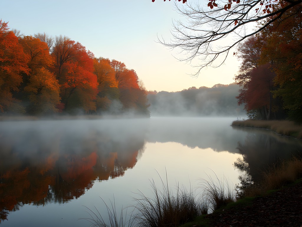 Autumn colors reflecting in Upper Porter Pond at D.W. Field Park in Brockton