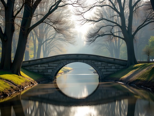 Historic stone bridge over pond at D.W. Field Park in Brockton during spring