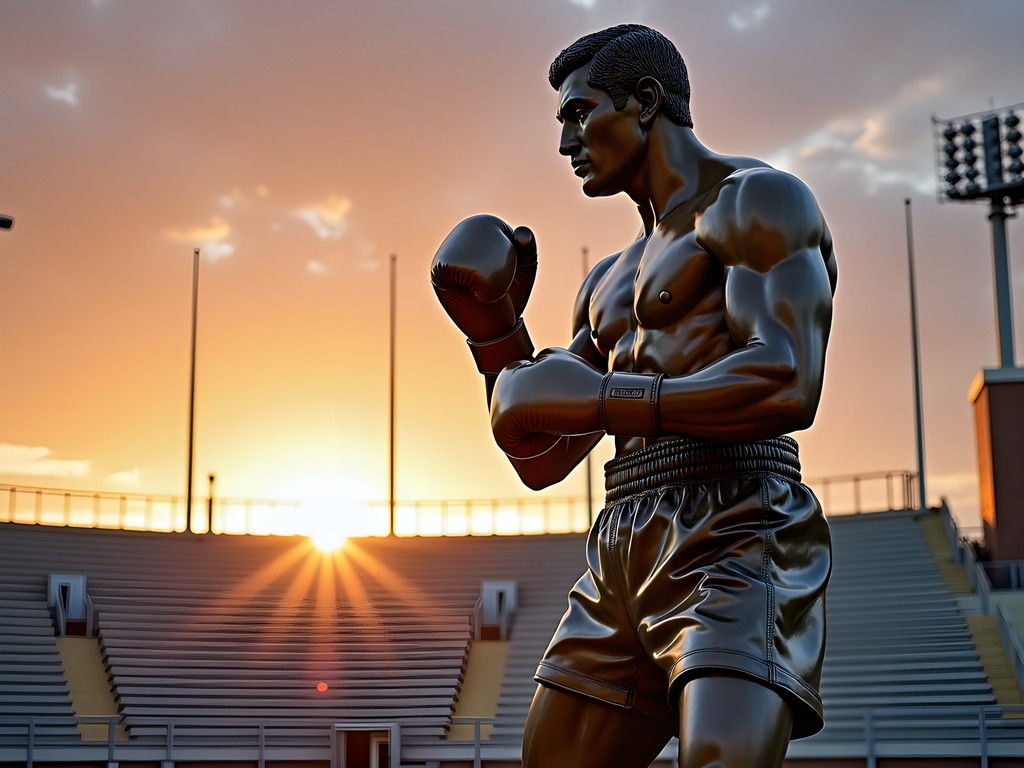 Rocky Marciano statue at Brockton High School Stadium at sunrise