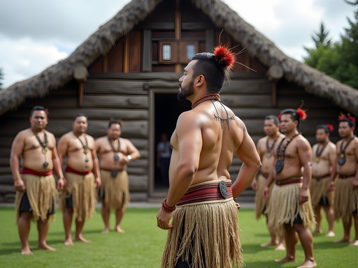 Traditional Māori cultural performance with carved meeting house in Auckland