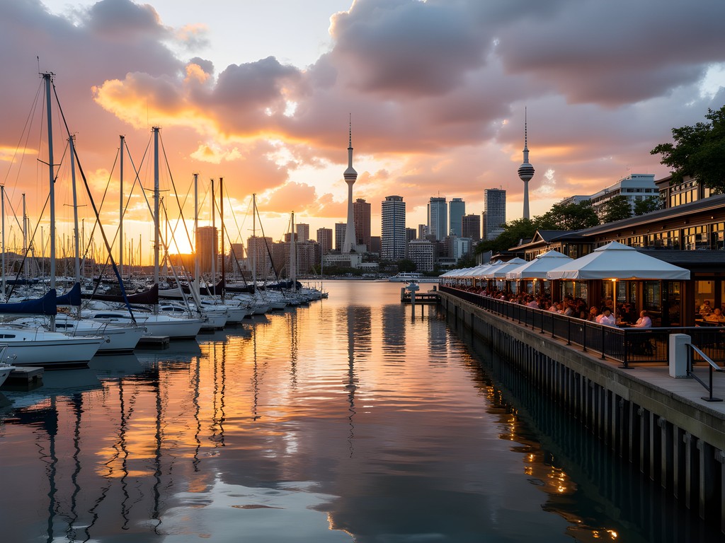 Auckland's Viaduct Harbor at sunset with sailboats and city skyline