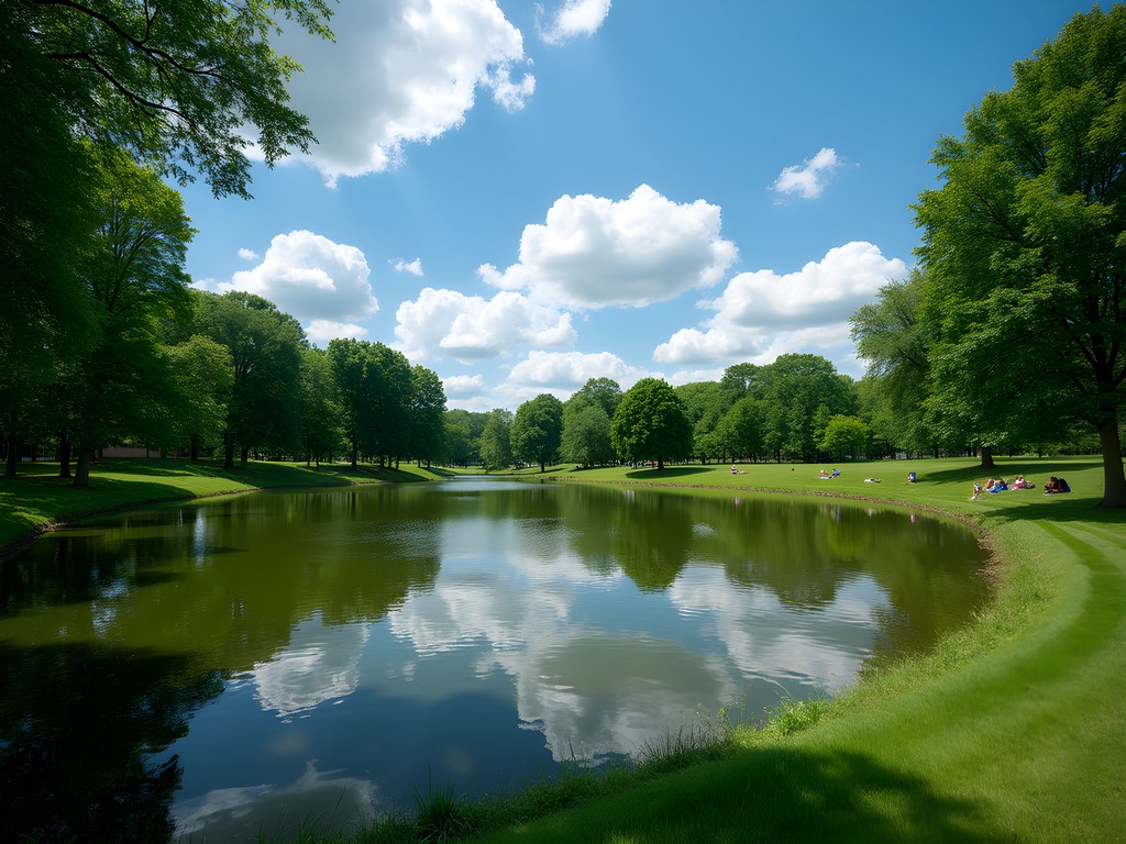 Lush summer landscape in Buffalo's Delaware Park with Hoyt Lake reflection