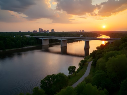 I-35W Minnesota River Bridge at sunset with Burnsville skyline