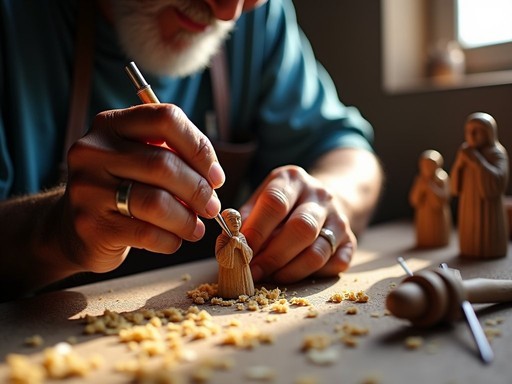 Traditional Puerto Rican santos wood carving being crafted by local artisan in Caguas market