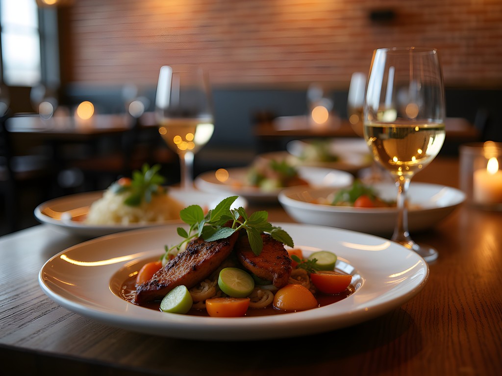 Farm-to-table dinner with local Idaho wines and seasonal produce in rustic restaurant setting