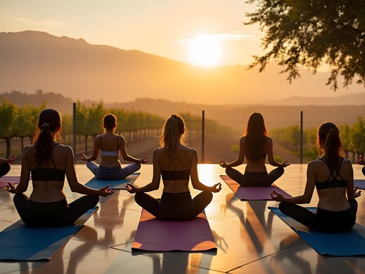 Morning yoga session with misty vineyards in background at Indian Creek Plaza in Caldwell Idaho