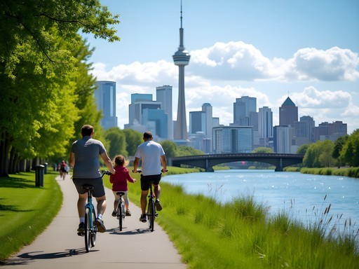 Family cycling along Calgary's Bow River pathway with city skyline in background