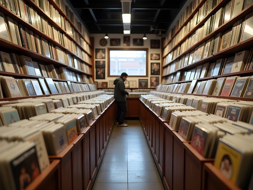 Man browsing vinyl records at Recordland store in Calgary's Inglewood neighborhood