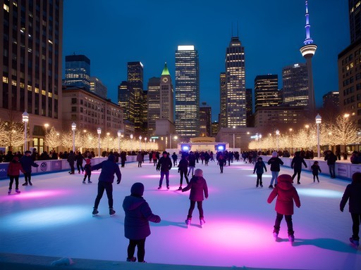 Family ice skating at Olympic Plaza in downtown Calgary with skyscrapers and evening lights