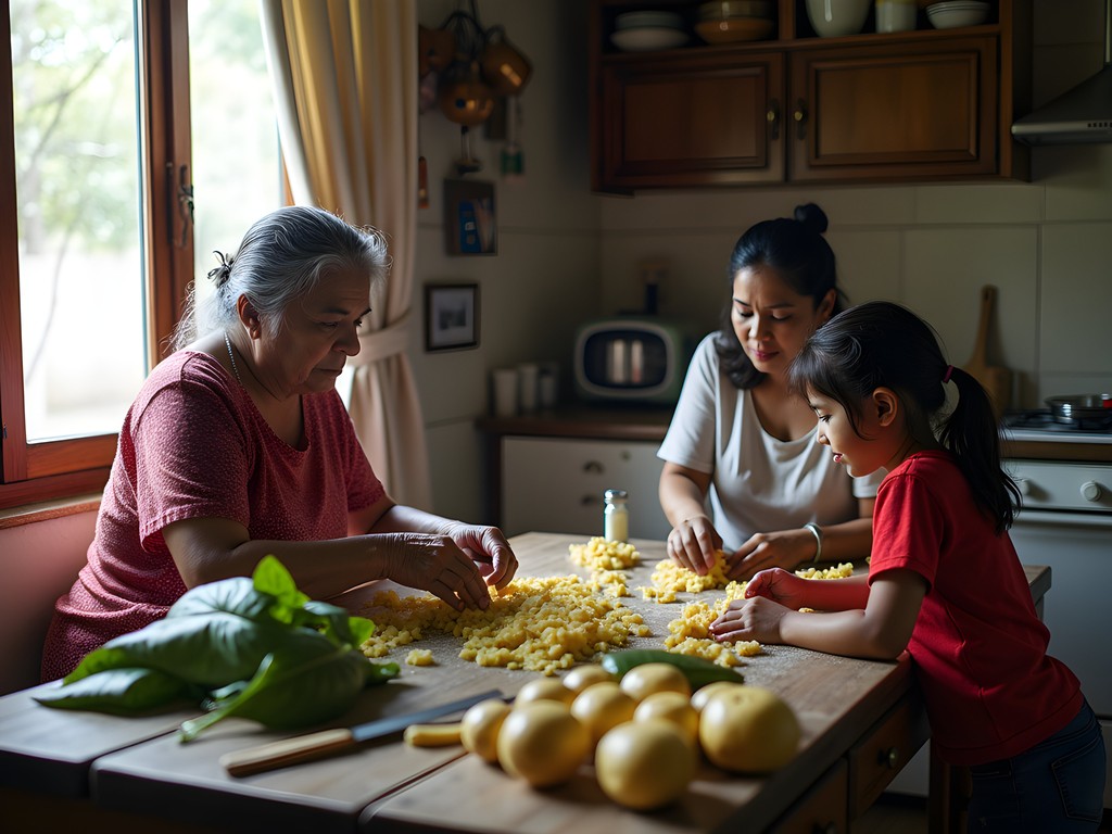Three generations of a Venezuelan family preparing traditional hallacas