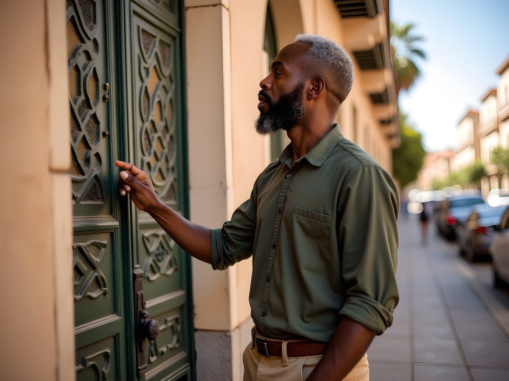 Jerry Ray examining Art Deco details on a historic building facade in downtown Casablanca