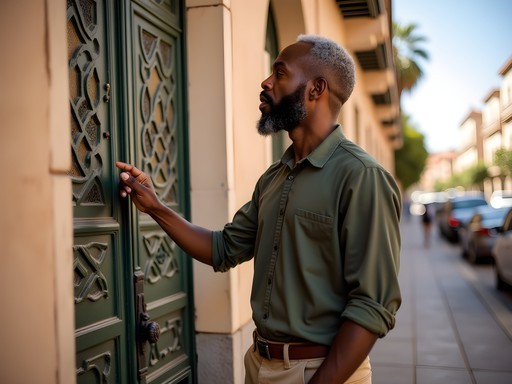 Jerry Ray examining Art Deco details on a historic building facade in downtown Casablanca