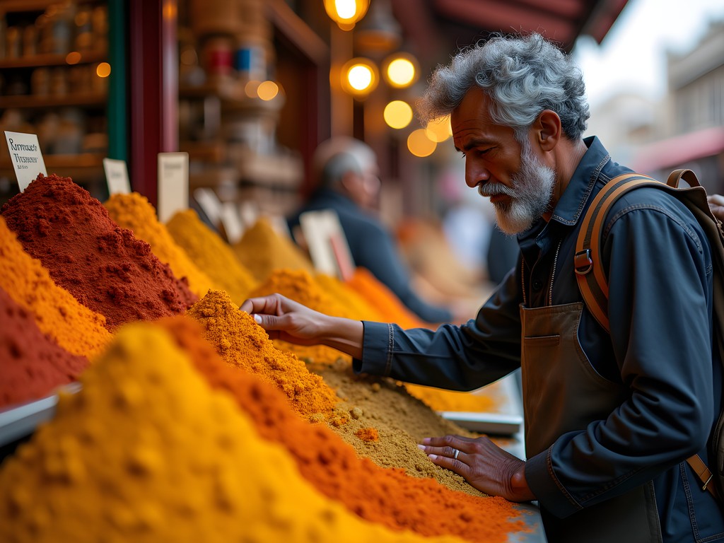 Colorful display of Moroccan spices at Casablanca's Central Market with Jerry examining different varieties