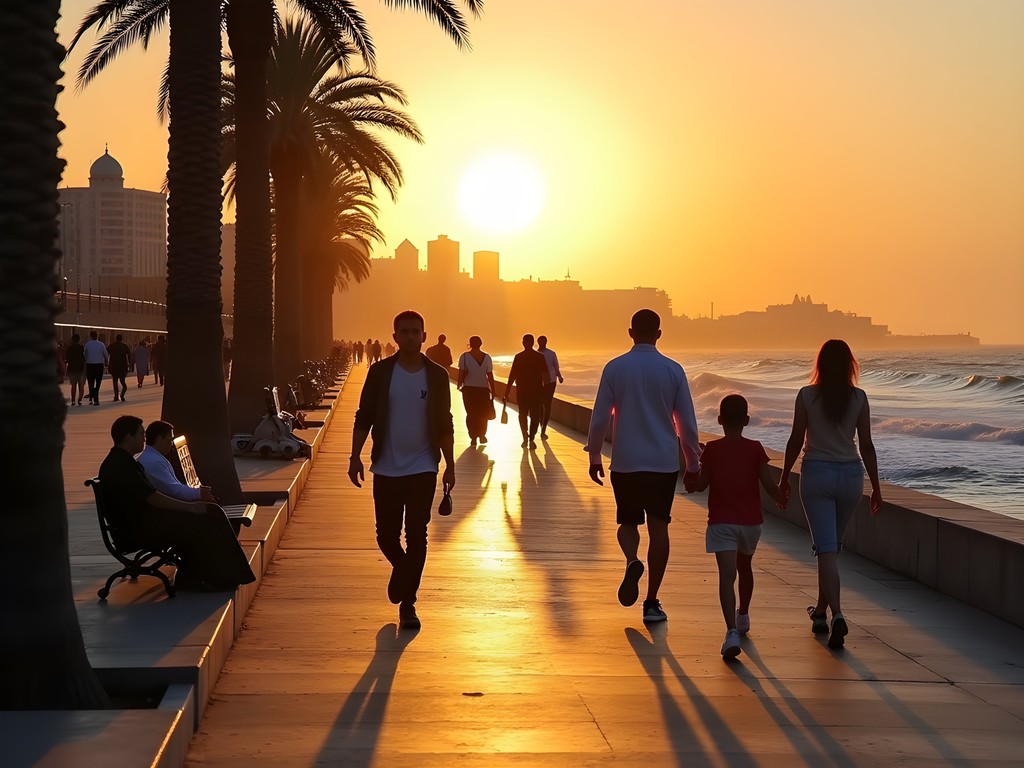 Sunset view of Casablanca's Corniche with Atlantic waves and locals enjoying the evening